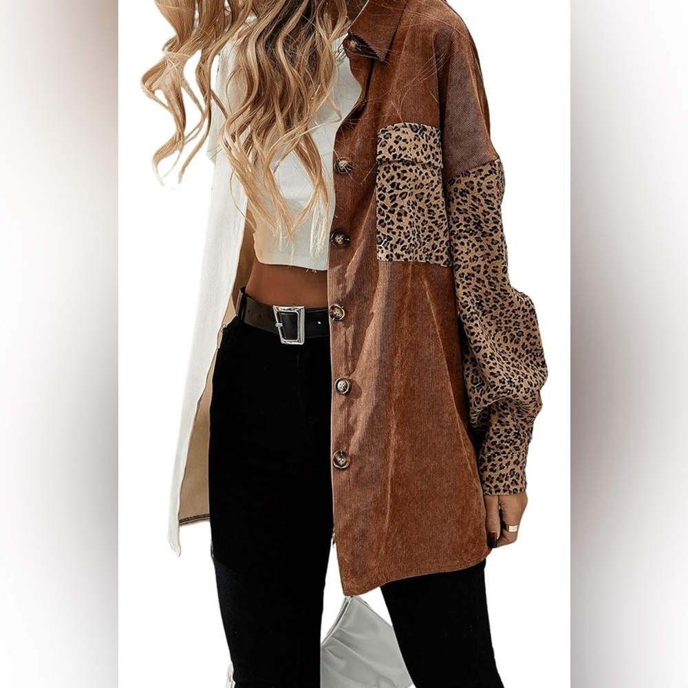 New Chic Leopard Sleeve Button-Up Blouse - Picture 2 of 5